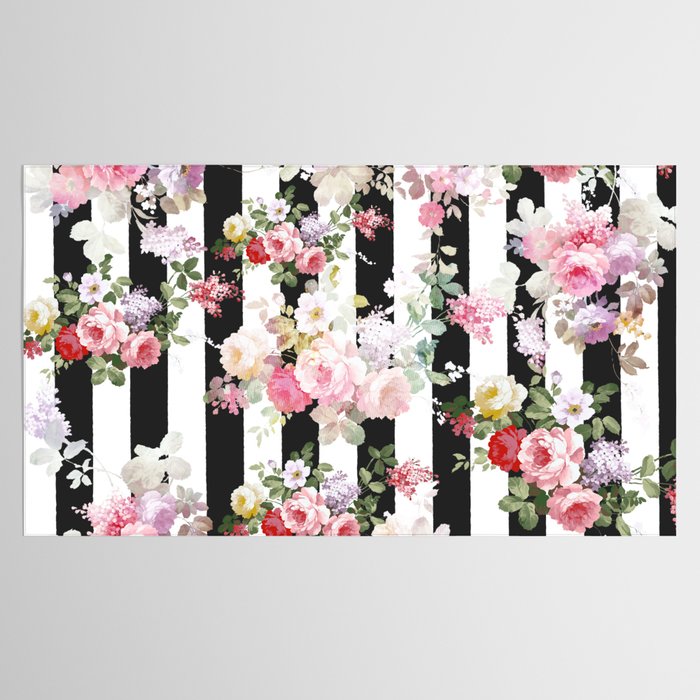 Bold pink watercolor roses floral black white stripes Tablecloth Gallery Image 2