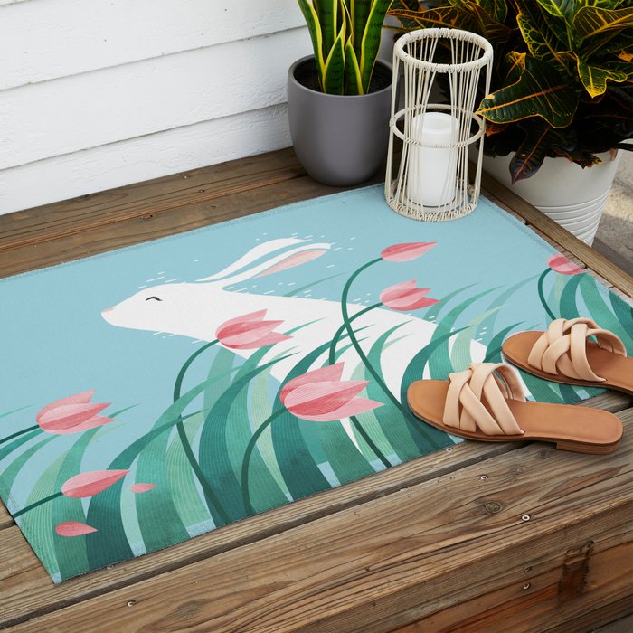 Rabbit Resting, Sky Blue Version Outdoor Rug Gallery Image 2