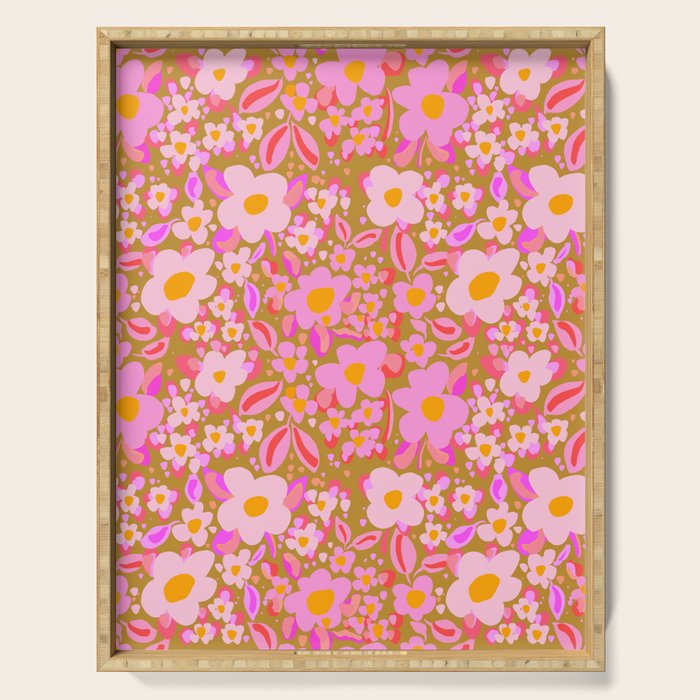 Retro vintage pink daisies pattern  Serving Tray Gallery Image 1
