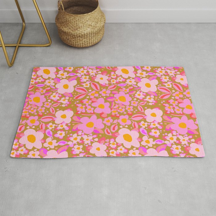 Retro vintage pink daisies pattern  Rug Gallery Image 1