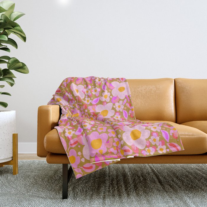 Retro vintage pink daisies pattern  Throw Blanket Gallery Image 1
