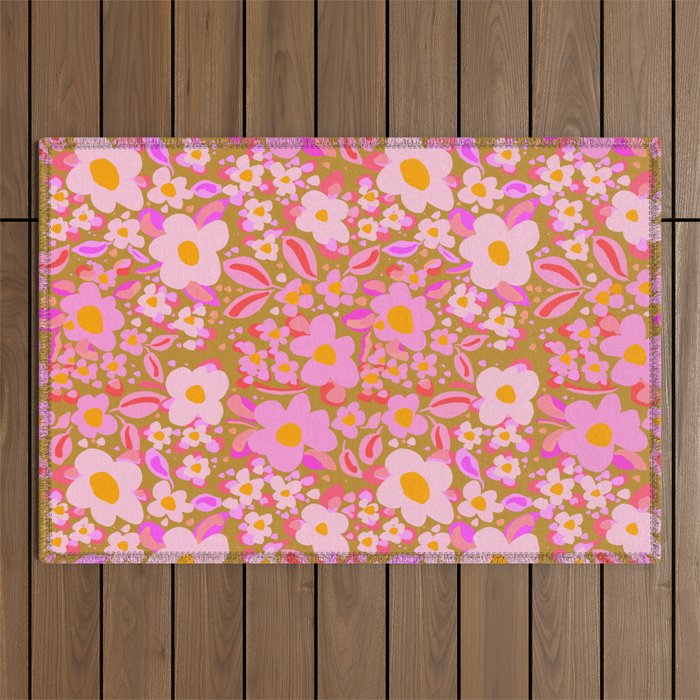 Retro vintage pink daisies pattern  Outdoor Rug Gallery Image 1