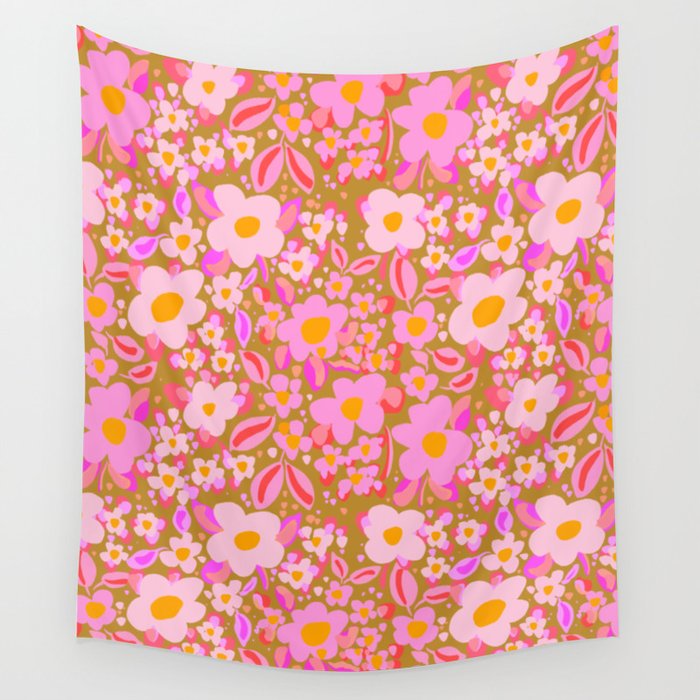 Retro vintage pink daisies pattern  Wall Tapestry Gallery Image 4