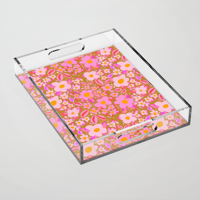 Retro vintage pink daisies pattern  Acrylic Tray Gallery Image 1