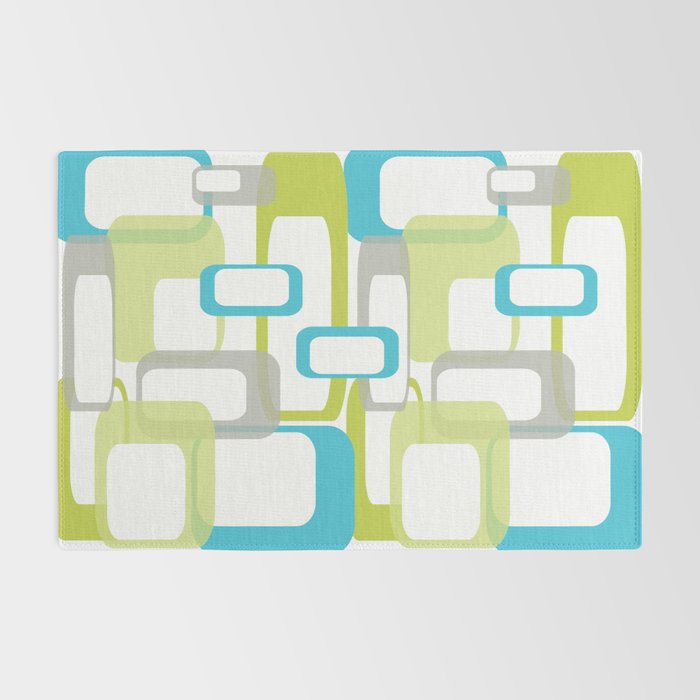 Mid-Century Modern Rectangle Design Blue Green and Gray Rug Gallery Image 2