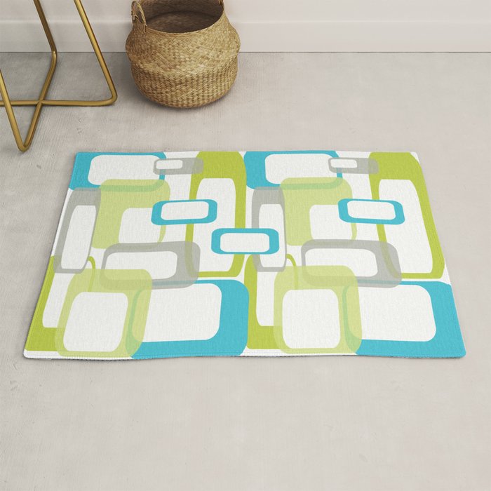 Mid-Century Modern Rectangle Design Blue Green and Gray Rug Gallery Image 1