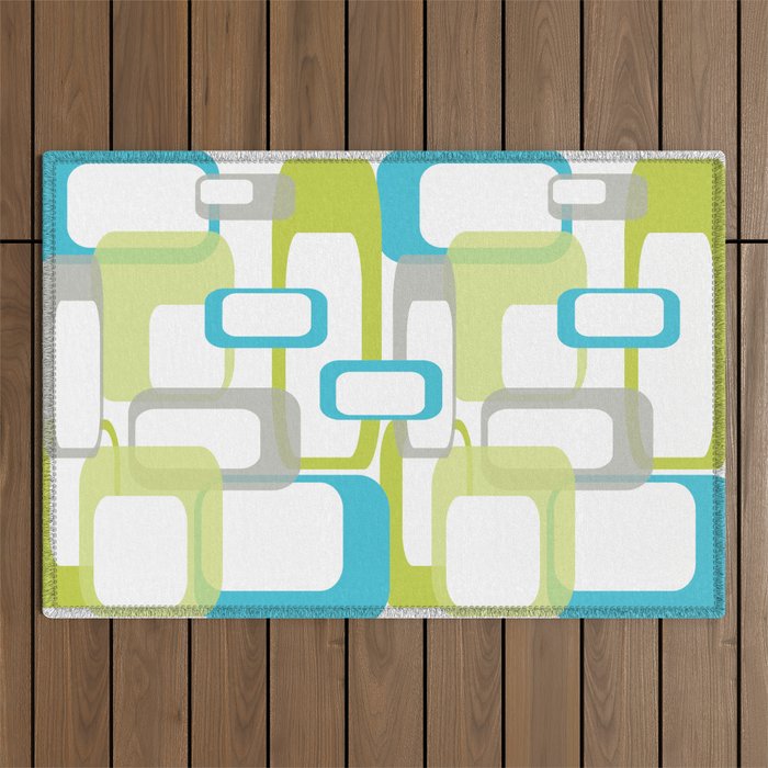 Mid-Century Modern Rectangle Design Blue Green and Gray Outdoor Rug Gallery Image 1