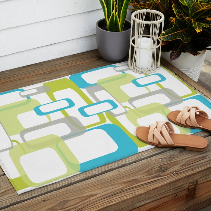 Mid-Century Modern Rectangle Design Blue Green and Gray Outdoor Rug Gallery Image 2