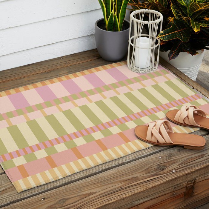 Midcentury Modern Blocks of Stripes neutral pastels pattern Outdoor Rug Gallery Image 2