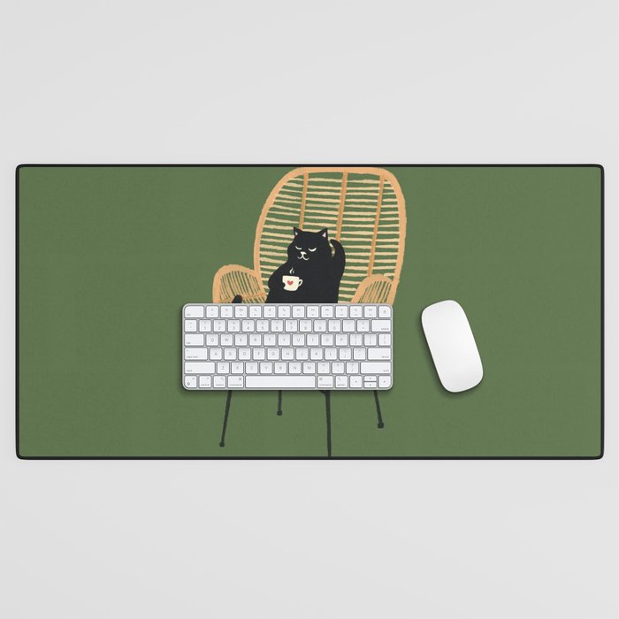 Lazy cat 2b Green enjoy coffee on rattan chair  Desk Mat Gallery Image 1