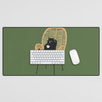 Lazy cat 2b Green enjoy coffee on rattan chair  Desk Mat Gallery Image 1