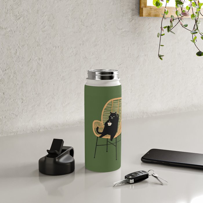 Lazy cat 2b Green enjoy coffee on rattan chair  Water Bottle Gallery Image 4