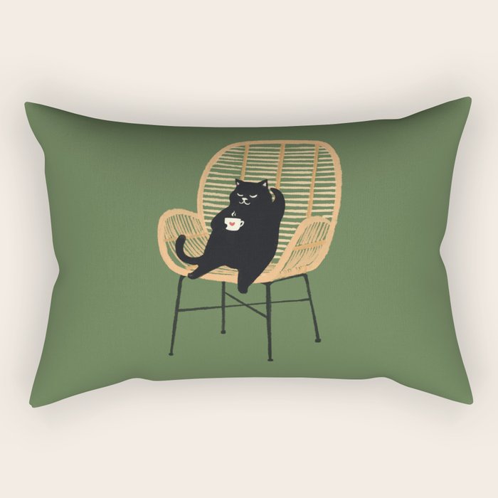 Lazy cat 2b Green enjoy coffee on rattan chair  Rectangular Pillow Gallery Image 2