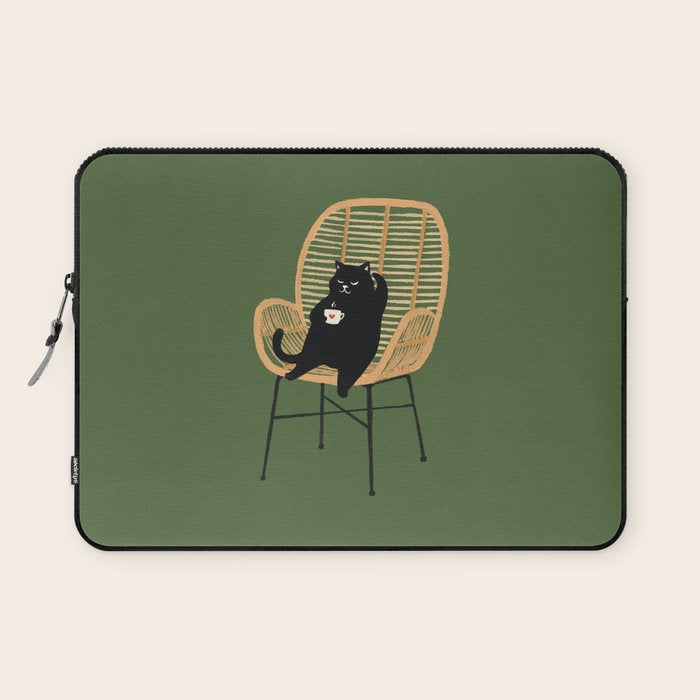 Lazy cat 2b Green enjoy coffee on rattan chair  Laptop Sleeve Gallery Image 1