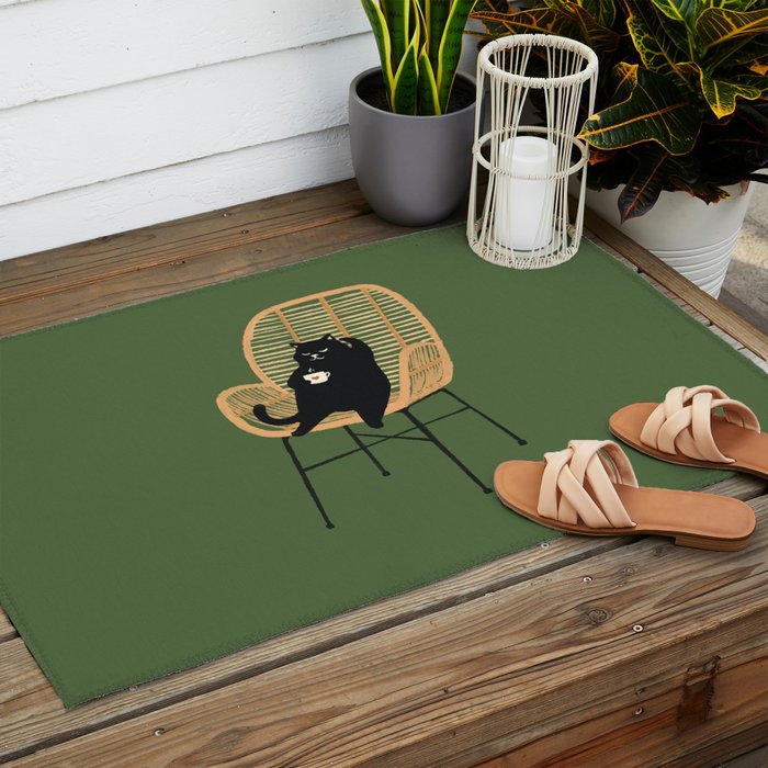 Lazy cat 2b Green enjoy coffee on rattan chair  Outdoor Rug Gallery Image 2