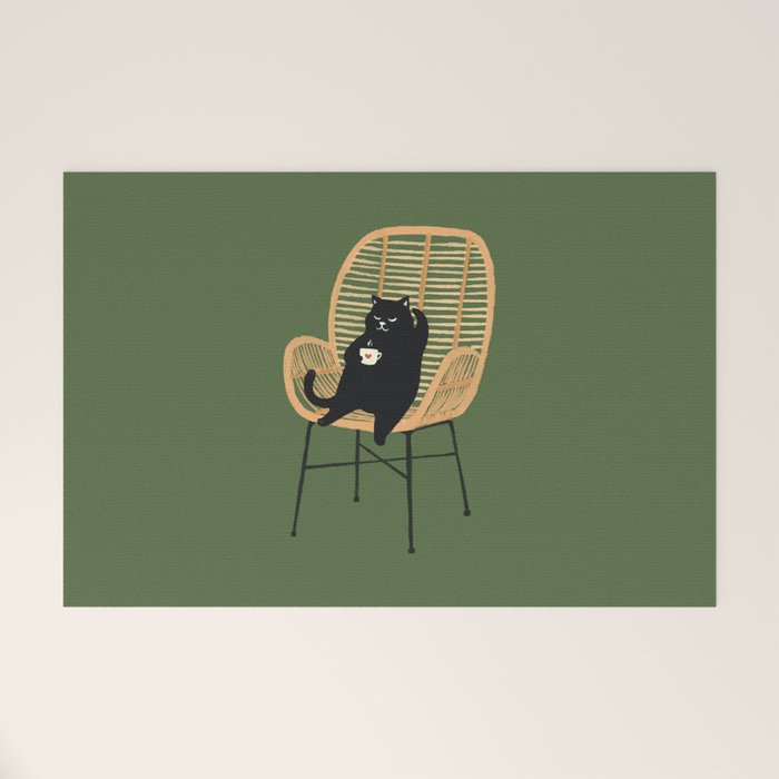 Lazy cat 2b Green enjoy coffee on rattan chair  Welcome Mat Gallery Image 1