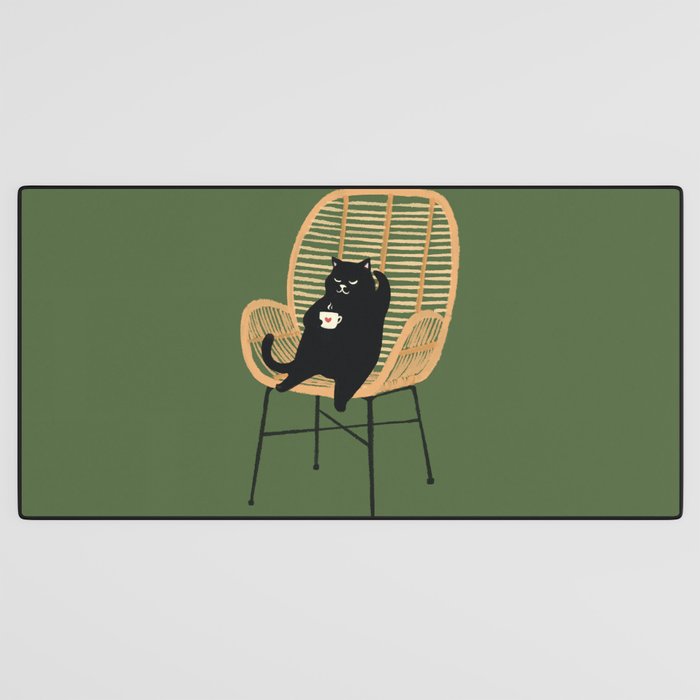 Lazy cat 2b Green enjoy coffee on rattan chair  Desk Mat Gallery Image 3