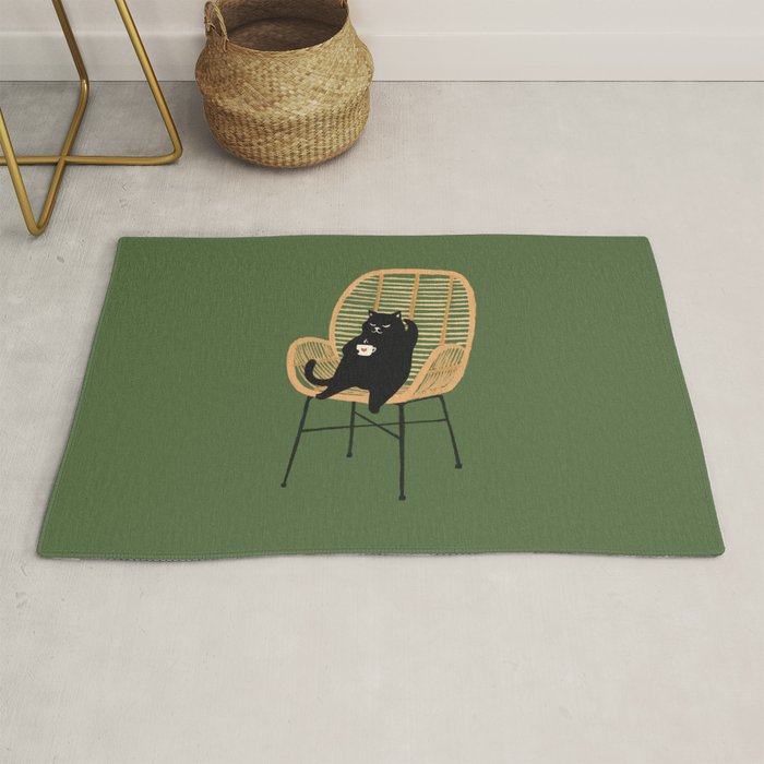 Lazy cat 2b Green enjoy coffee on rattan chair  Rug Gallery Image 1