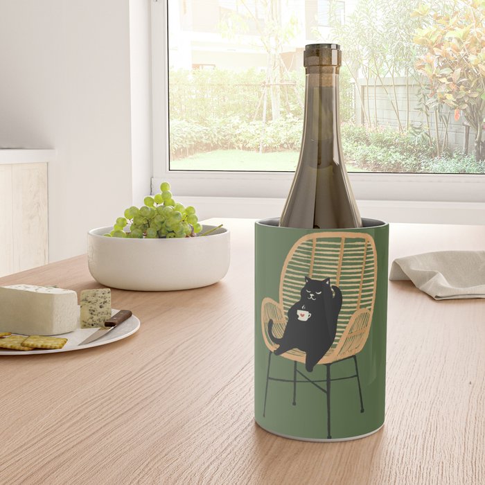 Lazy cat 2b Green enjoy coffee on rattan chair  Wine Chiller Gallery Image 4