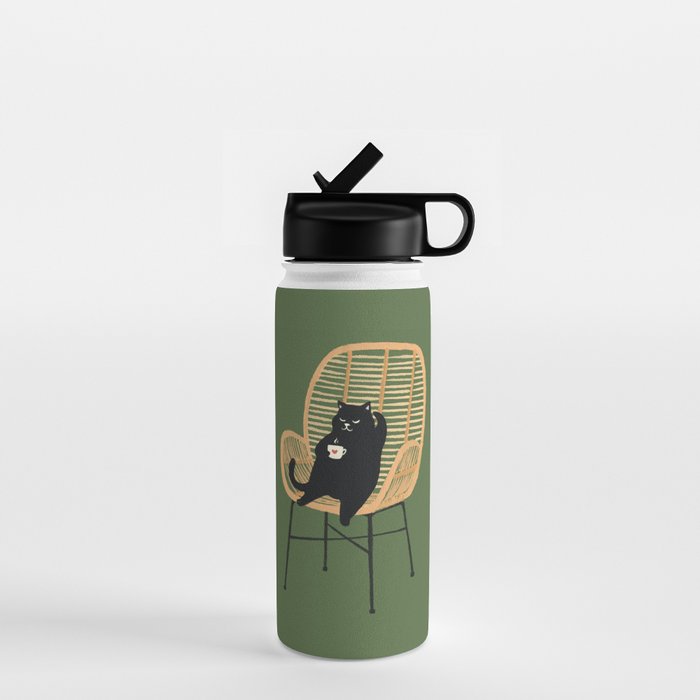 Lazy cat 2b Green enjoy coffee on rattan chair  Water Bottle Gallery Image 1