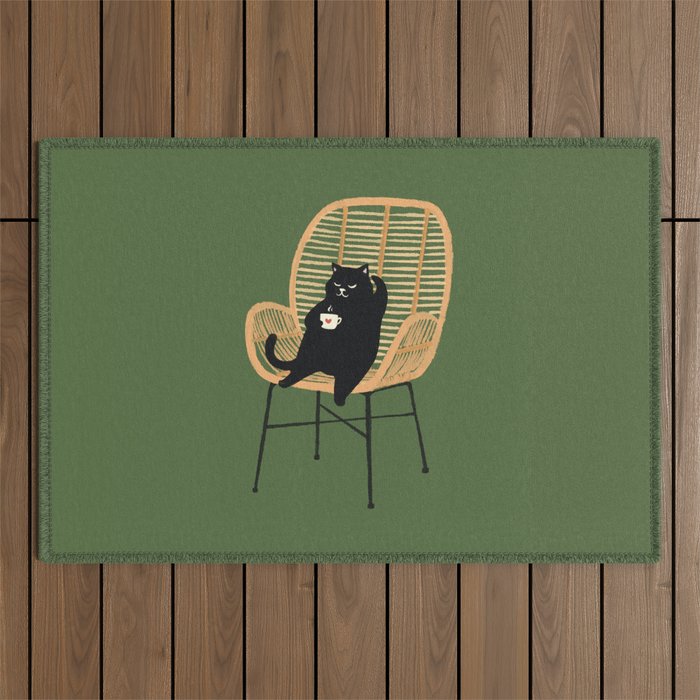 Lazy cat 2b Green enjoy coffee on rattan chair  Outdoor Rug Gallery Image 1