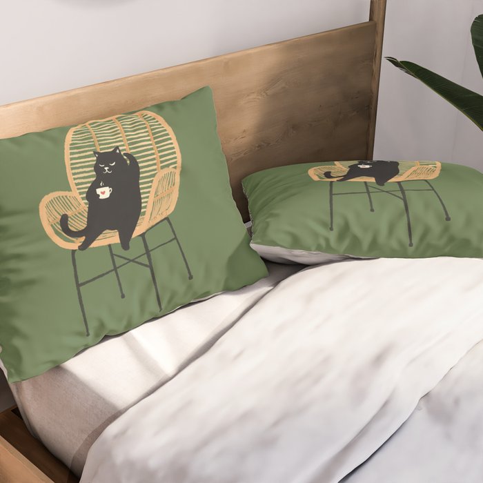 Lazy cat 2b Green enjoy coffee on rattan chair  Pillow Sham Gallery Image 2