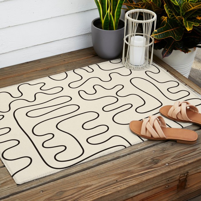 Abstract Lines 2 black and white Outdoor Rug Gallery Image 2