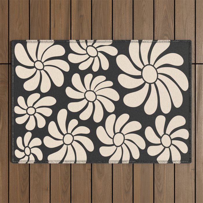Black and White Retro Super Bloom - 70's vibe  Outdoor Rug Gallery Image 1
