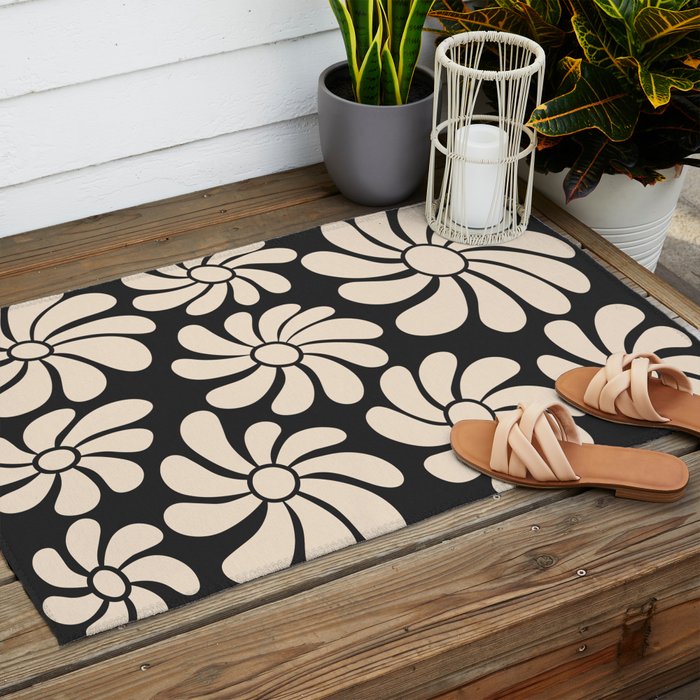 Black and White Retro Super Bloom - 70's vibe  Outdoor Rug Gallery Image 2