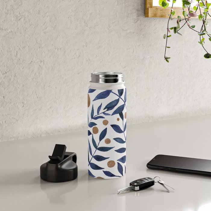Watercolor berries and branches - indigo and beige Water Bottle Gallery Image 4