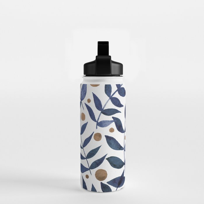 Watercolor berries and branches - indigo and beige Water Bottle Gallery Image 2
