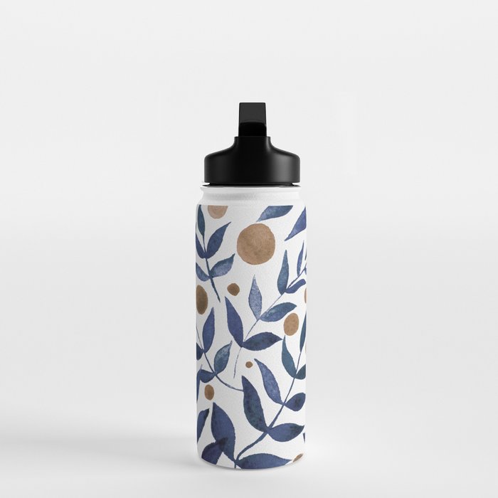 Watercolor berries and branches - indigo and beige Water Bottle Gallery Image 3