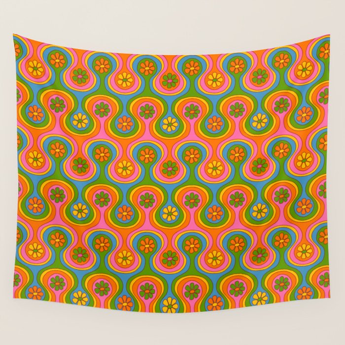 Groovy 60s Midcentury Modern Flower Pattern Wall Tapestry Gallery Image 4