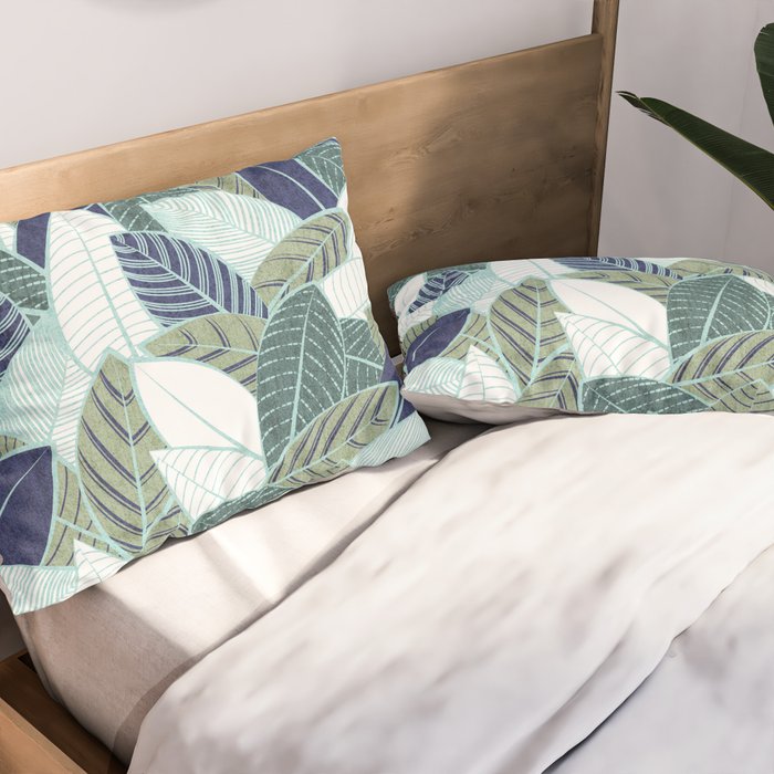 Leaf wall // navy blue pine and sage green leaves mint lines Pillow Sham Gallery Image 2