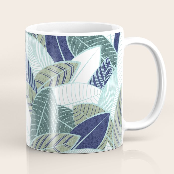Leaf wall // navy blue pine and sage green leaves mint lines Coffee Mug Gallery Image 1