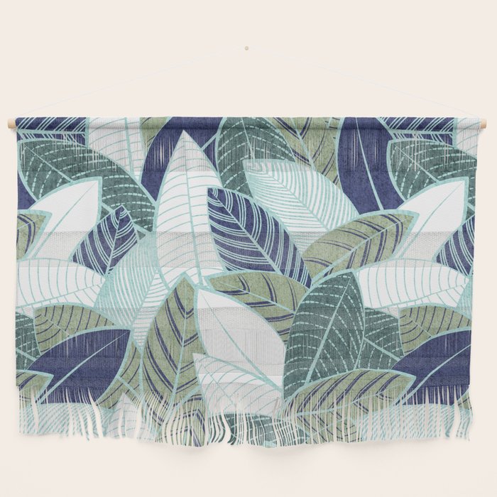 Leaf wall // navy blue pine and sage green leaves mint lines Wall Hanging Gallery Image 1
