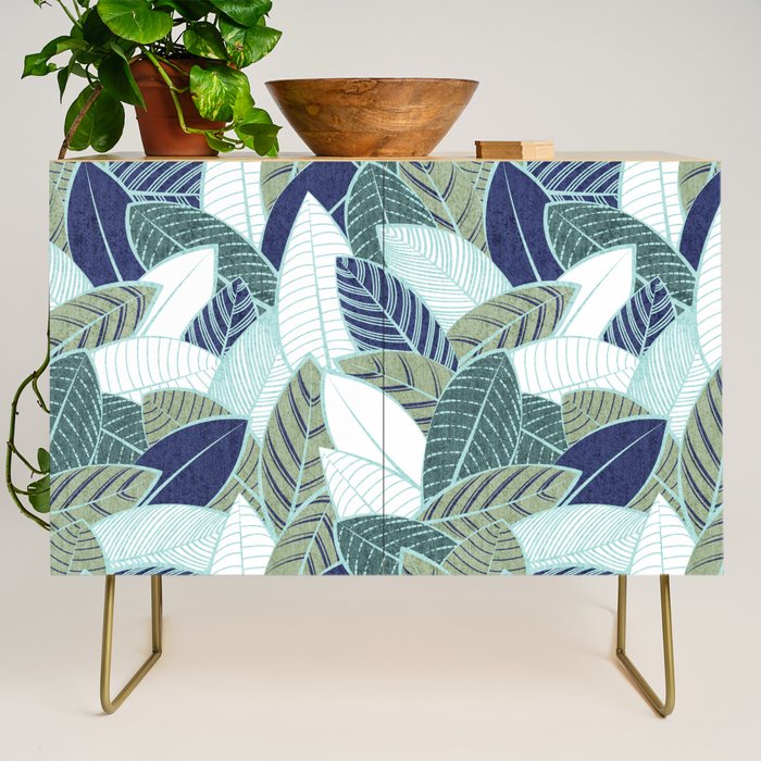 Leaf wall // navy blue pine and sage green leaves mint lines Credenza Gallery Image 1