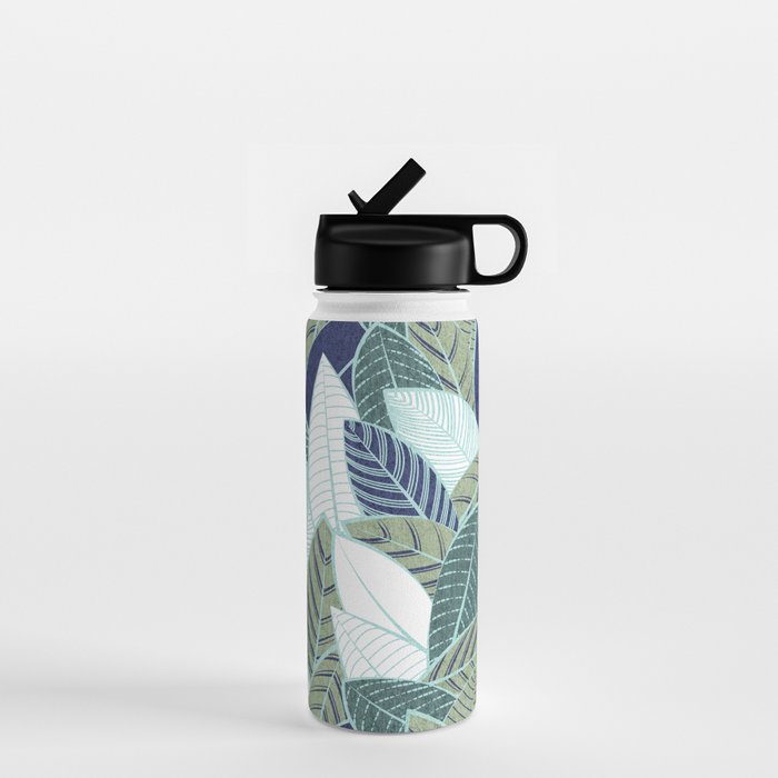 Leaf wall // navy blue pine and sage green leaves mint lines Water Bottle Gallery Image 1