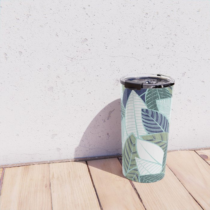 Leaf wall // navy blue pine and sage green leaves mint lines Travel Mug Gallery Image 4