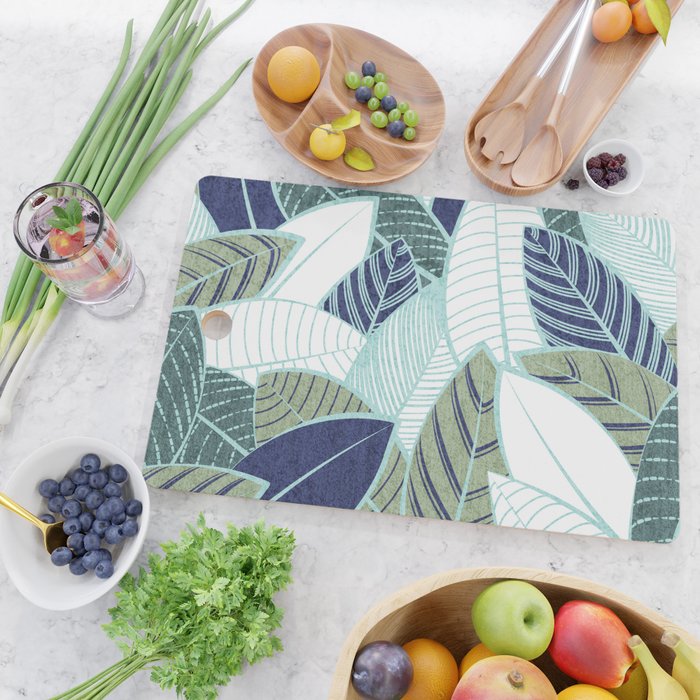 Leaf wall // navy blue pine and sage green leaves mint lines Cutting Board Gallery Image 2