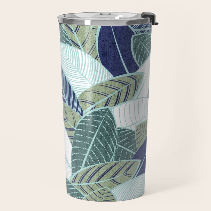 Leaf wall // navy blue pine and sage green leaves mint lines Travel Mug Gallery Image 2