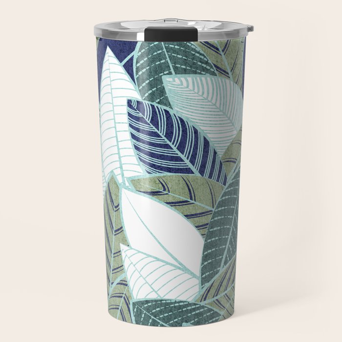 Leaf wall // navy blue pine and sage green leaves mint lines Travel Mug Gallery Image 1