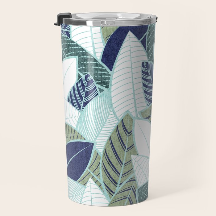 Leaf wall // navy blue pine and sage green leaves mint lines Travel Mug Gallery Image 3