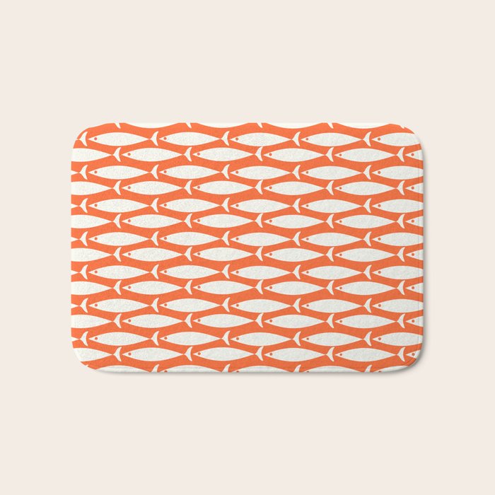 Mid Century Modern Minimalist Fish Pattern in Orange and White Bath Mat Gallery Image 1