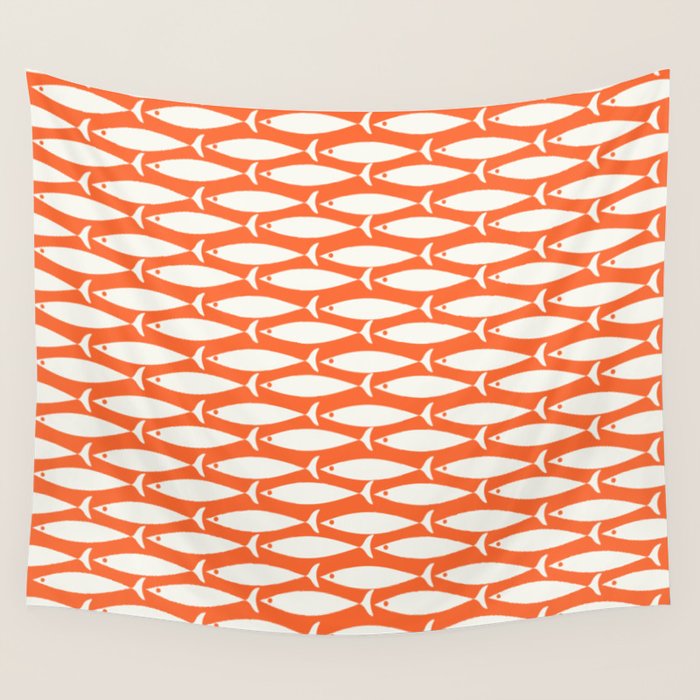 Mid Century Modern Minimalist Fish Pattern in Orange and White Wall Tapestry Gallery Image 4