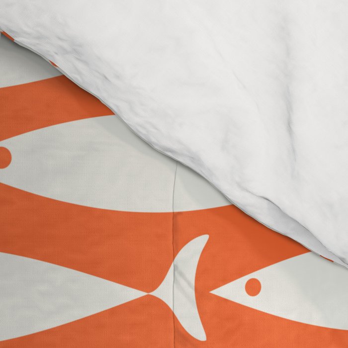 Mid Century Modern Minimalist Fish Pattern in Orange and White Comforter Gallery Image 4
