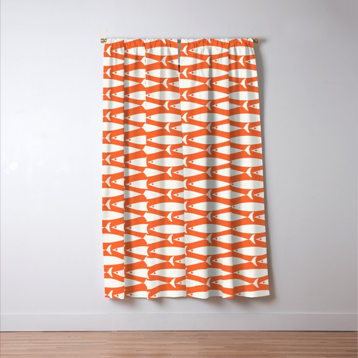 Mid Century Modern Minimalist Fish Pattern in Orange and White Window Curtain Gallery Image 3