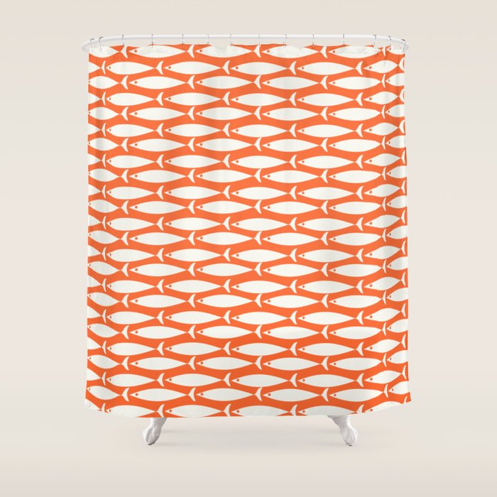 Mid Century Modern Minimalist Fish Pattern in Orange and White Shower Curtain Gallery Image 1