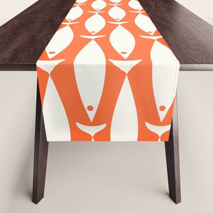 Mid Century Modern Minimalist Fish Pattern in Orange and White Table Runner Gallery Image 1