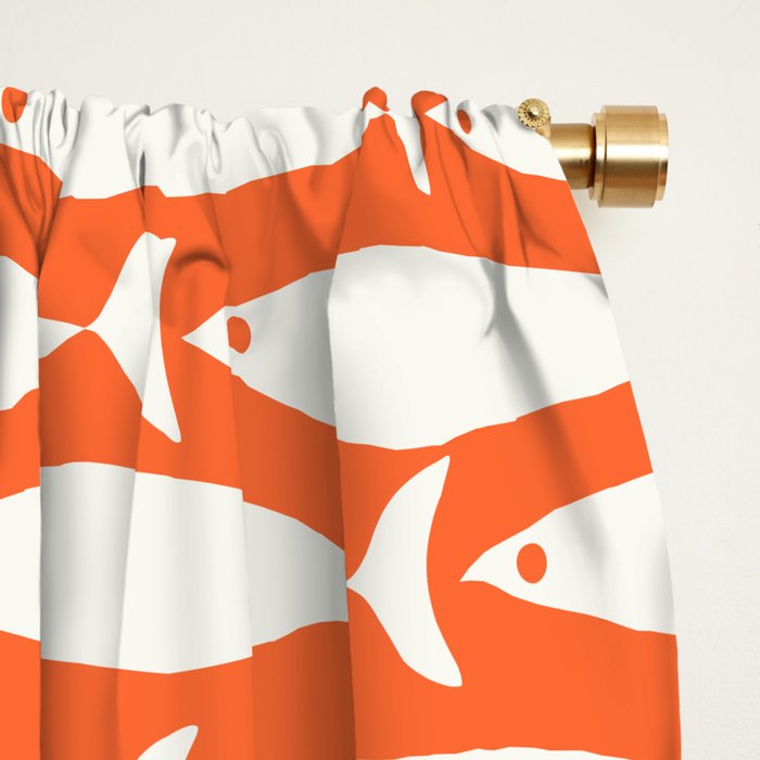 Mid Century Modern Minimalist Fish Pattern in Orange and White Window Curtain Gallery Image 2